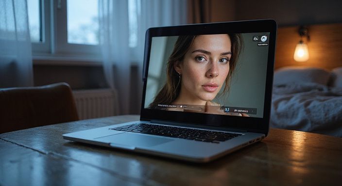 Een slaapkamer met een laptop en een webcamchat met een model. Een slaapkamer met een laptop en een webcamchat voor trans webcamsex met een model.