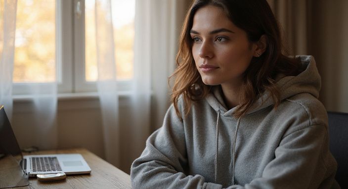 Een casual geklede persoon zit ontspannen achter een laptop. Een casual geklede persoon zit ontspannen achter een laptop.