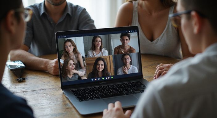 Een groep jongvolwassenen rondom een laptop met streamingplatform