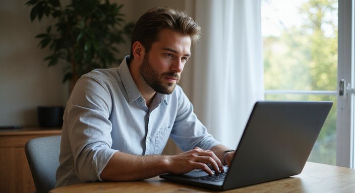 Een volwassene verdiept in onderzoek op een laptop aan een bureau. Een volwassene verdiept in onderzoek op een laptop aan een bureau.