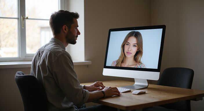 Een persoon in een moderne werkplek kijkt naar een webcam. Een persoon in een moderne werkplek kijkt naar een webcam.