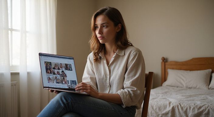 Een jonge vrouw zit geconcentreerd aan haar laptop in een slaapkamer. Een jonge vrouw zoekt op haar laptop in een slaapkamer naar trans webcamsex.