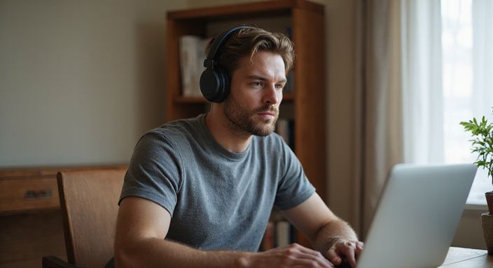 Een man in zijn dertiger jaren werkt geconcentreerd aan een laptop. Een man zoekt op een laptop naar trans webcamsex.