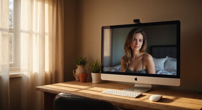 Een gezellige slaapkamer met een computer met trans modellen op de monitor. Een gezellige slaapkamer met een computer met trans modellen op de monitor.