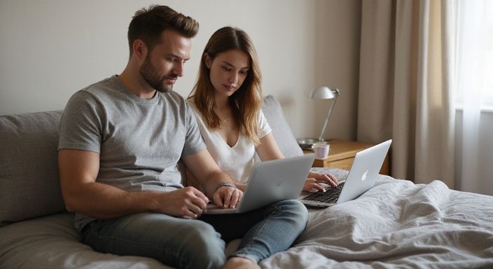 Een stel kijkt samen naar een laptop in hun slaapkamer. Een stel kijkt samen naar een laptop in hun slaapkamer.