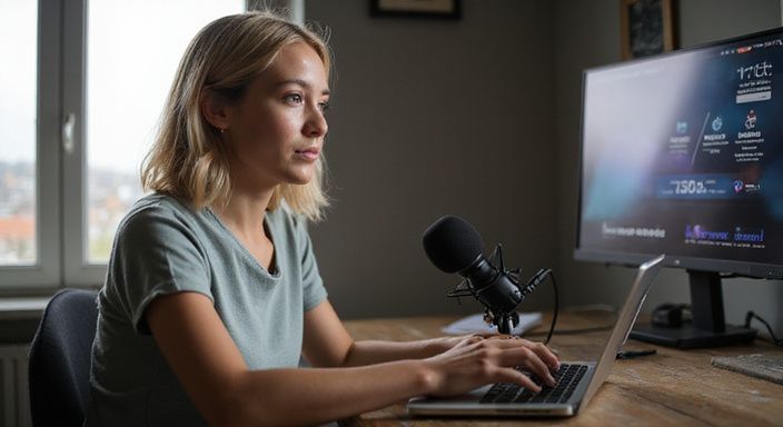 Een vrouw streamt live vanuit een gezellige, eenvoudige kamer. Een vrouw streamt live vanuit een gezellige, eenvoudige kamer.