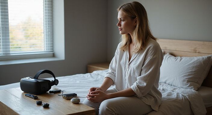 Een jonge vrouw zit ontspannen met VR-headset en interactieve apparaten. webcamsex blondine: Een jonge vrouw zit ontspannen met VR-headset en interactieve apparaten.