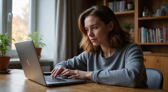 Een vrouw in een grijze trui werkt geconcentreerd aan haar laptop. Een vrouw in een grijze trui werkt geconcentreerd aan haar laptop.