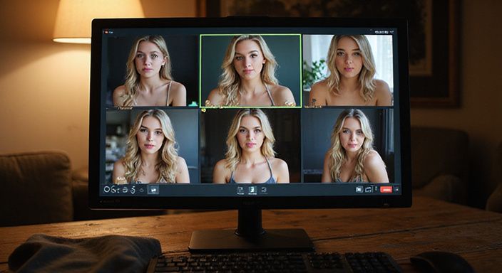 Een computer met live video-uitzendingen van vrouwelijke performers en chatinterface. Webcamsex blondine: Een computer met live video-uitzendingen van vrouwelijke performers en chatinterface.