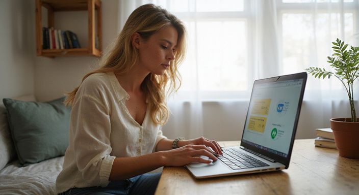 Een vrouw met golvend haar werkt geconcentreerd op haar laptop. Een vrouw met golvend haar werkt geconcentreerd op haar laptop.