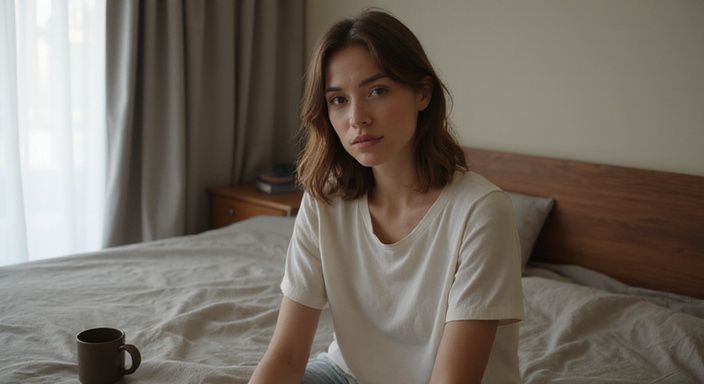 Een vrouw zit ontspannen op de rand van een bed. Een vrouw zit ontspannen op de rand van een bed.