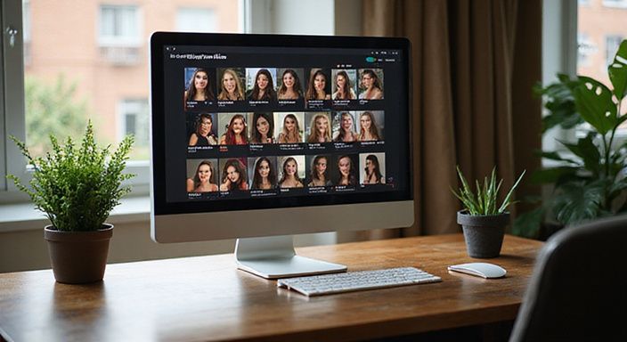 Een computermonitor toont een online platform met verschillende camgirls. Een computermonitor toont een online platform met verschillende camgirls voor webcamsex brunette.
