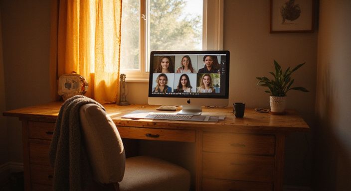Een uitnodigende slaapkamer met een bureau en een computer voor videochat. Een uitnodigende slaapkamer met een bureau en een computer voor videochat.