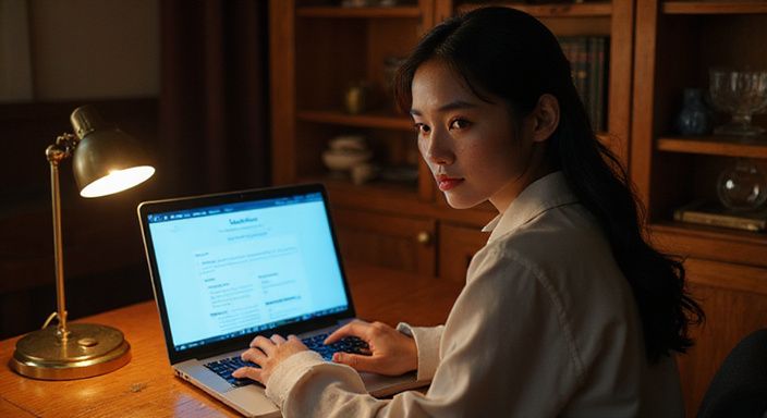 Een jonge vrouw zit geconcentreerd achter haar bureau met een laptop. Een jonge vrouw zit geconcentreerd achter haar bureau met een laptop.