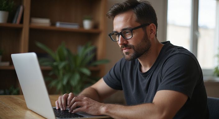 Een man typet geconcentreerd op zijn laptop in een thuiskantoor. Een man zoekt geconcentreerd op zijn laptop naar webcamsex brunette.