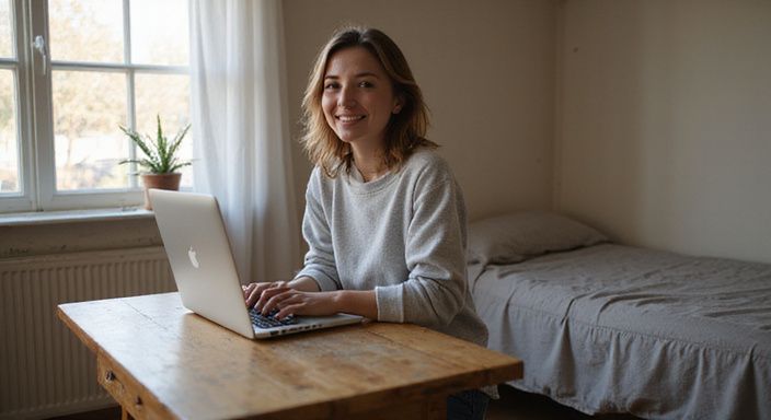 Een jonge vrouw glimlacht terwijl ze achter haar laptop zit. Een jonge vrouw glimlacht terwijl ze achter haar laptop zit.
