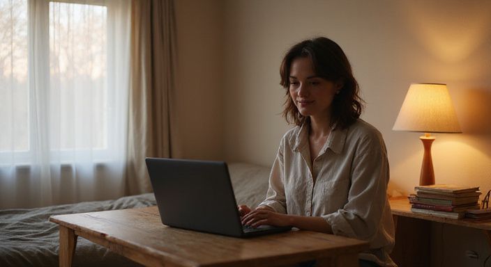 Een bescheiden slaapkamer met een houten bureau en een open laptop. Een bescheiden slaapkamer met een houten bureau en een open laptop.