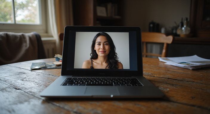 Een vrouw heeft een oprechte webcamchat terwijl ze aan een bureau zit.