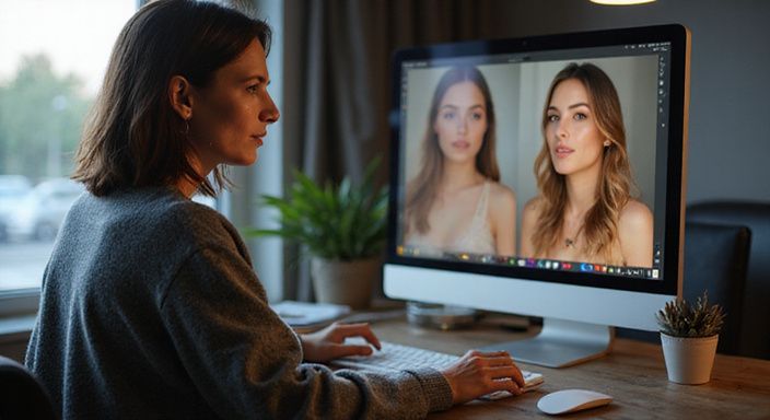 Een vrouw in een trui kijkt geconcentreerd naar een computerscherm.