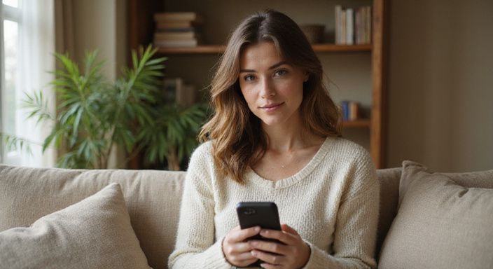 Een vrouw zit ontspannen met een smartphone in een sfeervolle woonkamer.