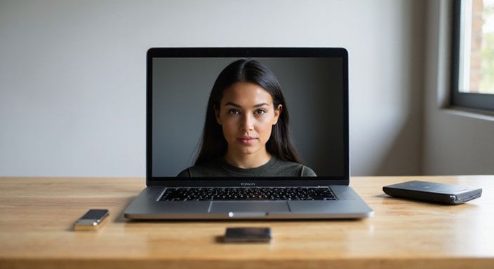 Een vrouw werkt geconcentreerd in een minimalistisch kantoor met moderne apparatuur.