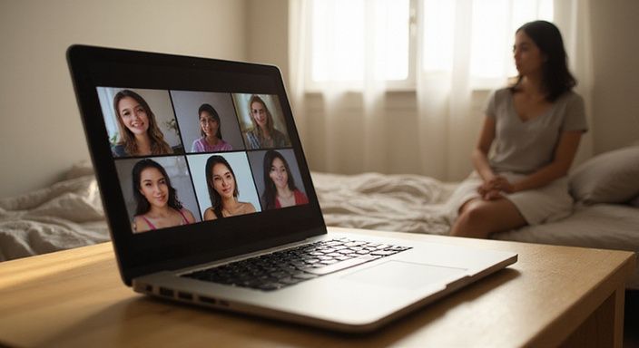 Een laptop toont diverse webcammodellen voor webcamsex met een latina in een rustige slaapkamer.