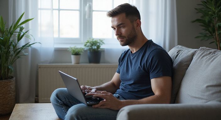 Een man zit ontspannen op een bank en gebruikt een laptop voor webcamsex met een latina.