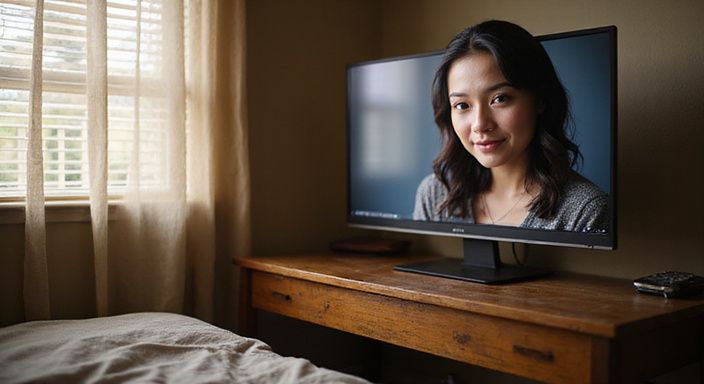 Een vrouw in een slaapkamer gerelateerd aan een privéchat voor webcamsex met een latina.