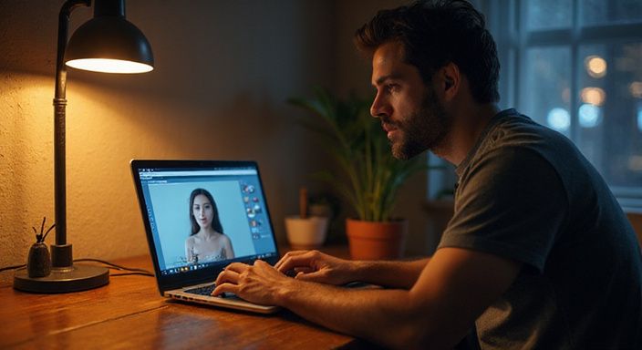 Een man werkt geconcentreerd aan zijn laptop in een rustige kamer. Een man werkt geconcentreerd aan zijn laptop in een rustige kamer.