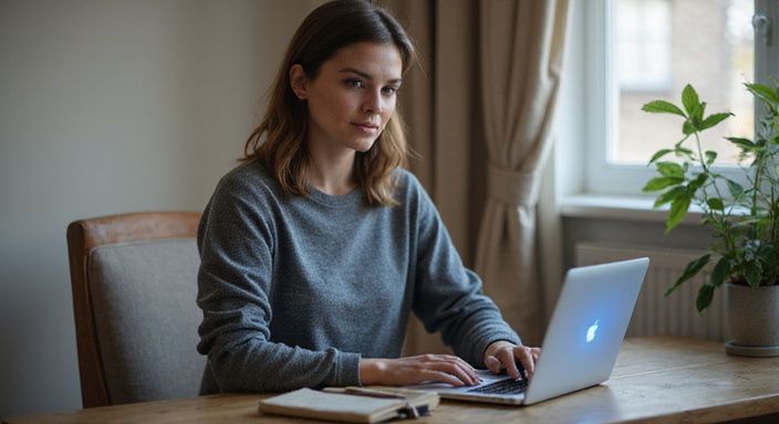 Een vrouw werkt geconcentreerd op haar laptop aan een bureau. Een vrouw werkt geconcentreerd op haar laptop aan een bureau.