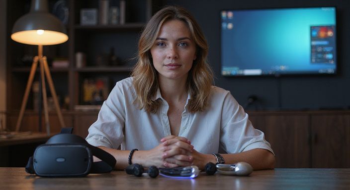 Een vrouw in een moderne livestreamstudio met VR-headset en interactief speelgoed. Een vrouw in een moderne livestreamstudio met VR-headset en interactief speelgoed.