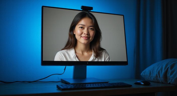 Een jonge vrouw kijkt ontspannen naar de webcam in een slaapkamer. Een jonge vrouw kijkt ontspannen naar de webcam in een slaapkamer.