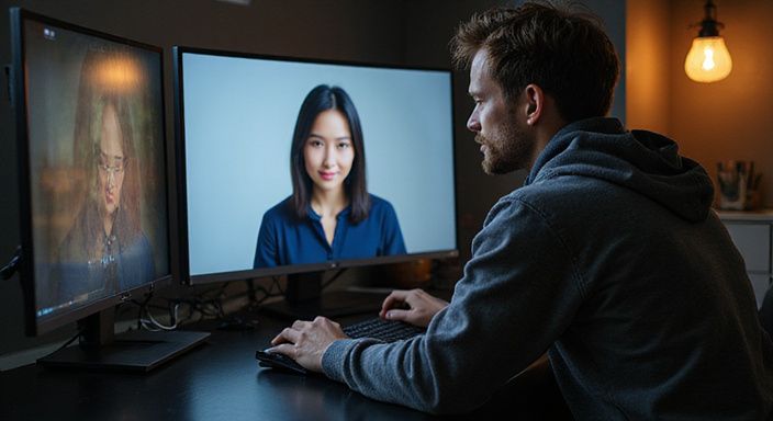 Een jonge man zit geconcentreerd voor een groot curved scherm. Een jonge man zit geconcentreerd voor een groot curved scherm en zoekt aziatische webcamseks.