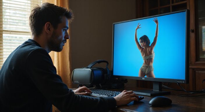 Een man kijkt geconcentreerd naar een dansende vrouw op het scherm. Een man kijkt geconcentreerd naar een dansende vrouw op het scherm.