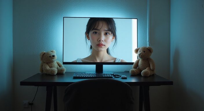 Een vrouw in een kamer met een computer en knuffels. Een vrouw in een kamer met een computer en knuffels.
