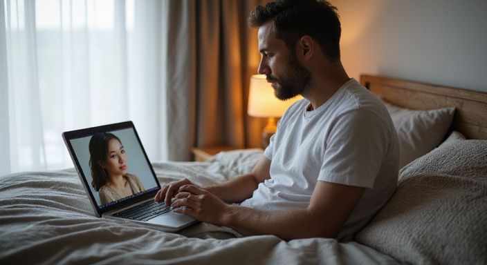 Een man en een vrouw hebben een online gesprek in een slaapkamer. Een man en een vrouw hebben een online gesprek over aziatische webcamseks in een slaapkamer.