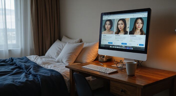 Een slaapkamer met een desktopcomputer en profielen van webcammodellen. Een slaapkamer met een desktopcomputer en profielen van webcammodellen voor aziatische webcamseks.