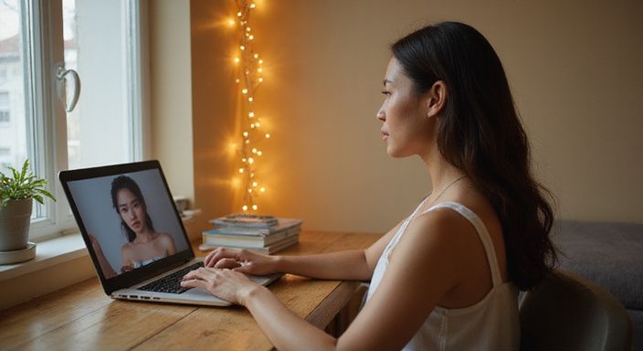 Vrouw aan bureau kijkt geconcentreerd naar laptop met webcamfeed. Vrouw aan bureau kijkt geconcentreerd naar laptop met webcamfeed voor aziatische webcamseks.