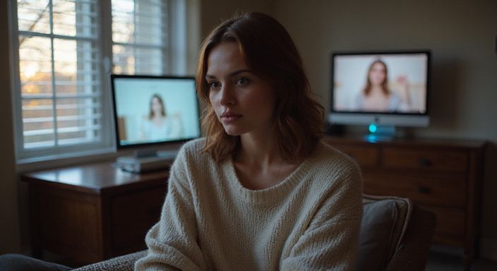Een vrouw in een comfortabele sweater kijkt aandachtig naar een computerscherm.