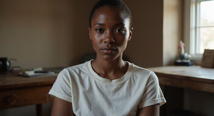 Een jonge vrouw zit ontspannen aan een bureau in een eenvoudige kamer en wil ebony webcamsex.