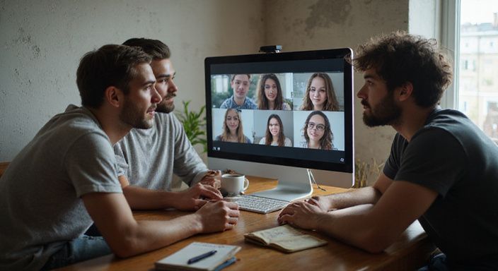 Een groep jonge volwassenen kijkt gefocust naar een computerscherm.