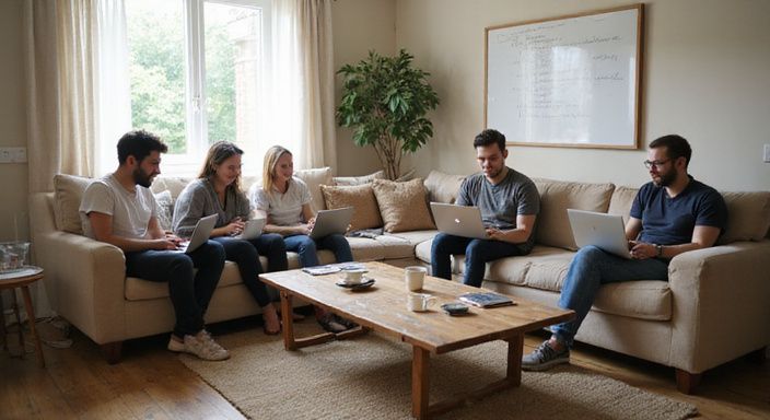 Groep volwassenen werkt samen ontspannen op een bank in een woonkamer.