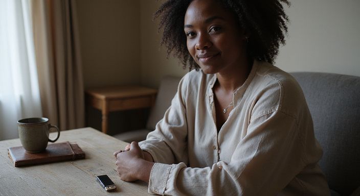 Een vrouw in een comfortabele kamer tijdens een online gesprek over ebony webcamsex.