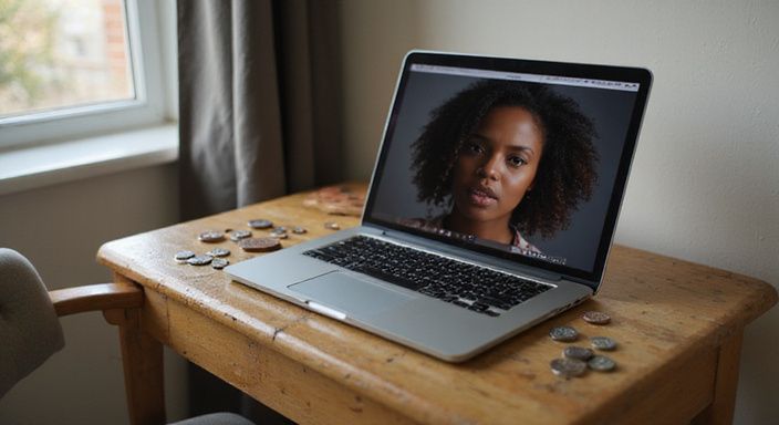 Een vrouw performt live op een laptop op een houten bureau.