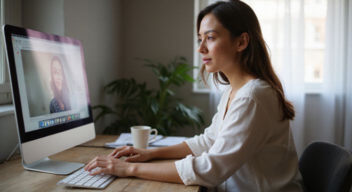 Een vrouw werkt geconcentreerd aan haar computer aan een houten bureau.