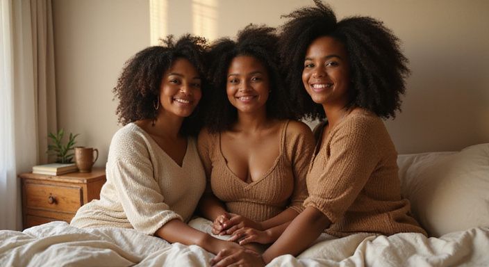 Drie vrouwen delen een intieme, gelukkige momenten in een slaapkamer tijdens ebony webcamsex.