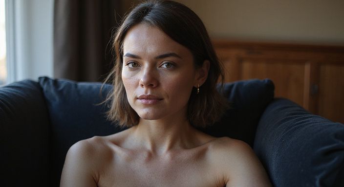 Een vrouw zit ontspannen op een donkergekleurde bank met een contemplatieve blik.