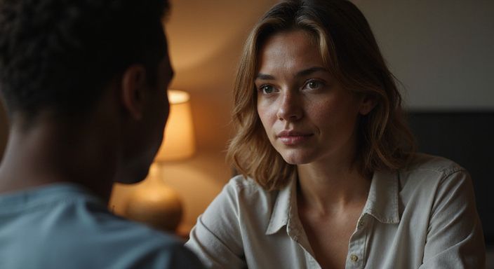 Twee mensen in een digitale verbinding, ontspannen en gefocust.