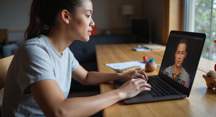 Een persoon gefocust op een laptop tijdens een videobellen en wil ebony webcamsex.