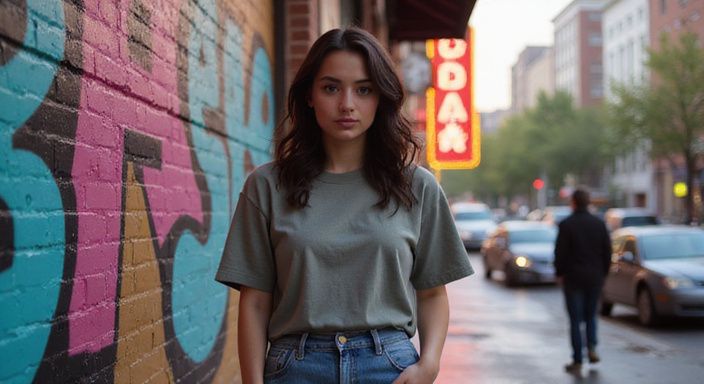 Een jonge vrouw staat zelfverzekerd op een drukke stadsstraat.
